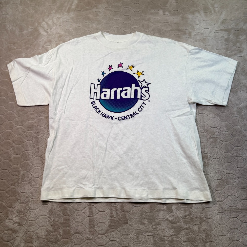 VTG Harrah's Casino Shirt Sz‎ Lg Cut Tag Storage Stains Central City CROPPED